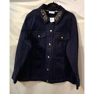 denim co embroidered Womens Stretch Blue Jacket Sz 1X Button Long Sleeve